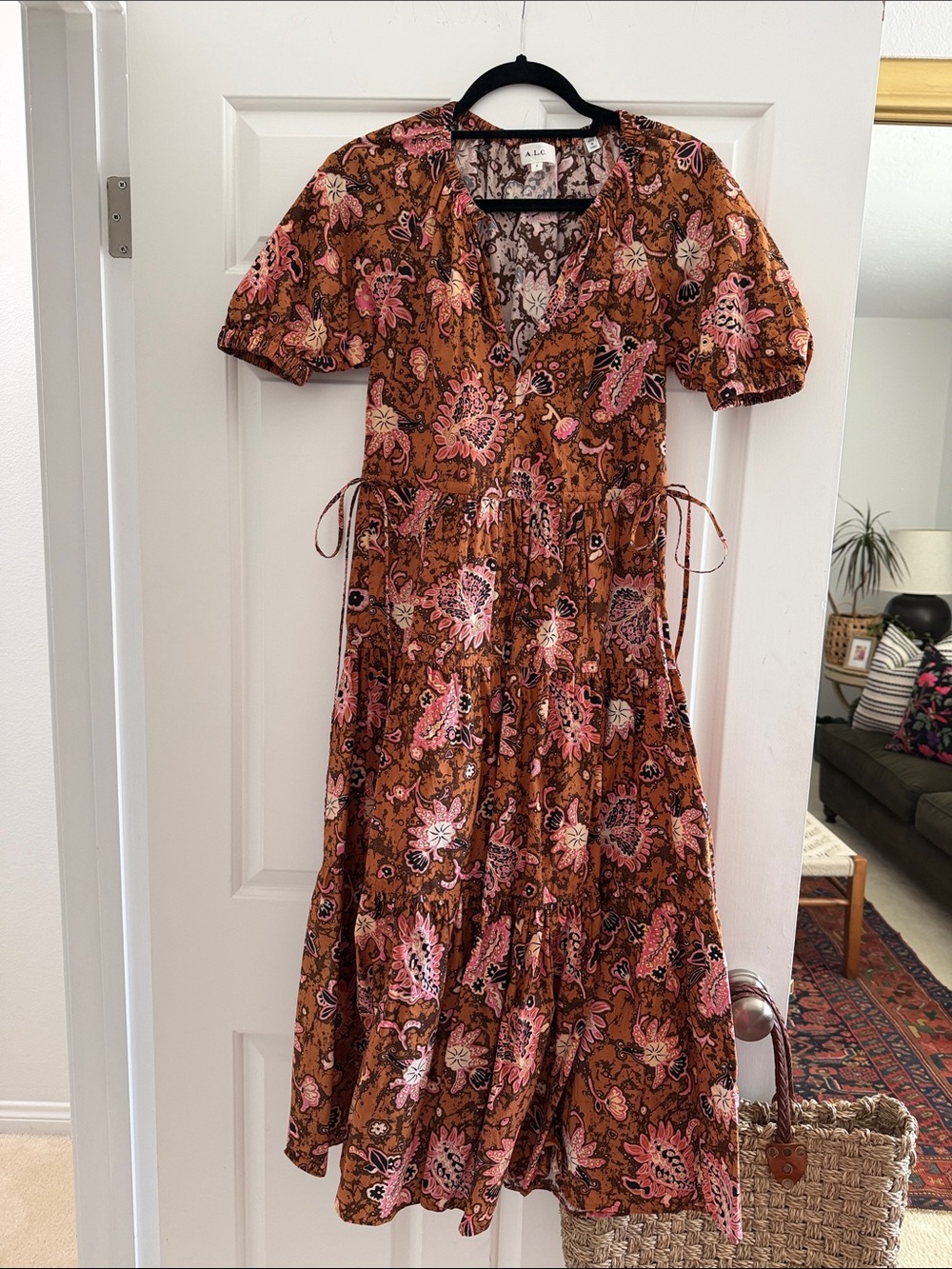 A.L.C. Puff Sleeve Rust and Pink Floral Midi Dress